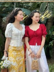 Áo nút bọc tay phồng chất đũi Cói Design