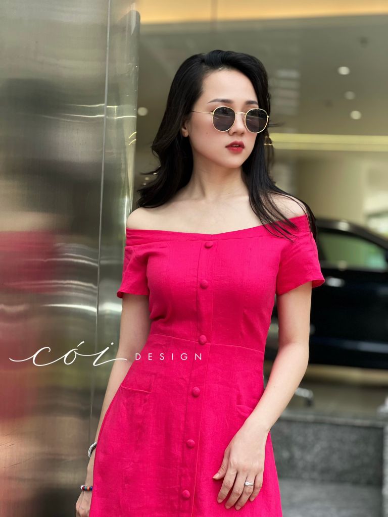 Đầm bẹt vai 2 túi nút bọc Linen tưng premium Cói design