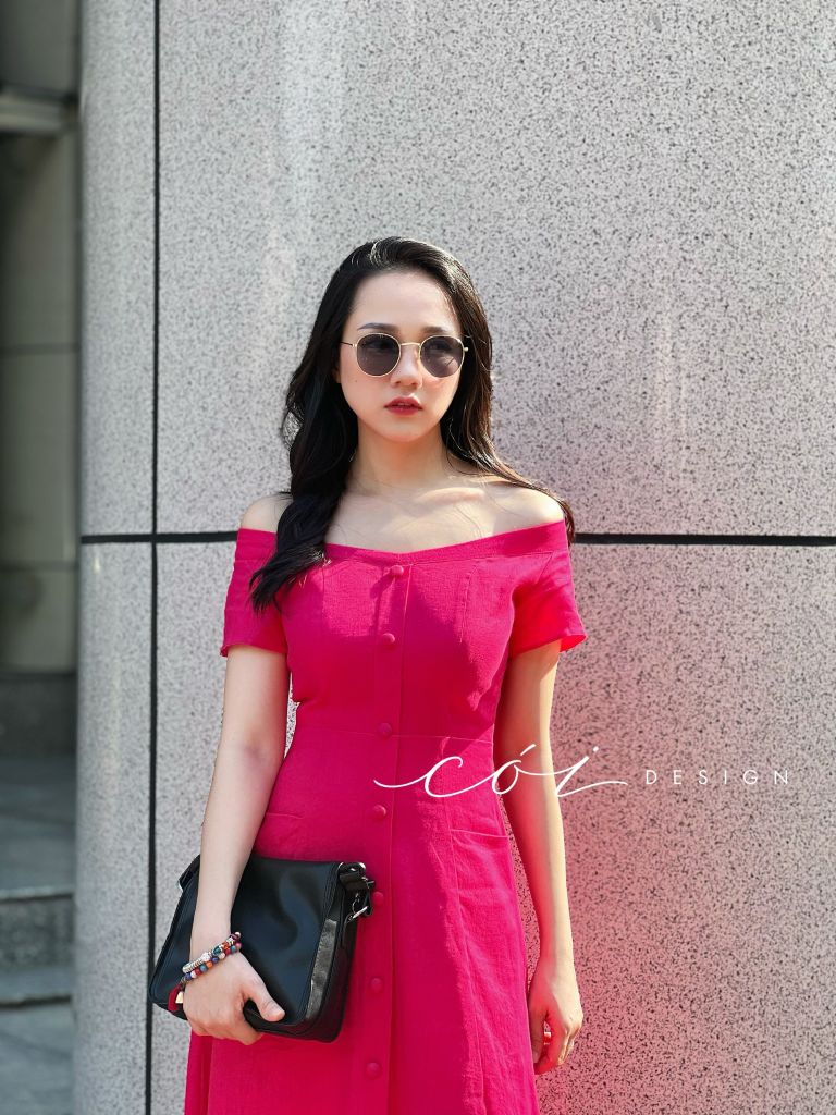 Đầm bẹt vai 2 túi nút bọc Cói design
