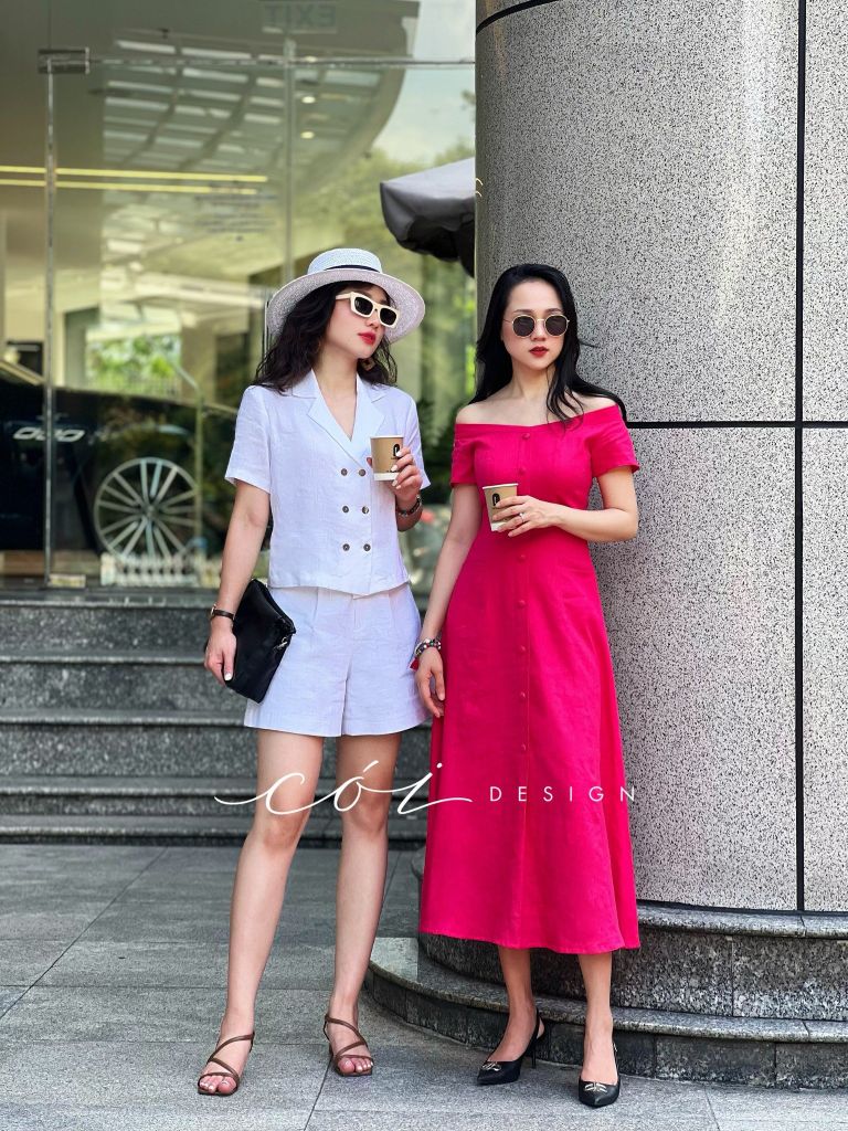 Đầm bẹt vai 2 túi nút bọc Linen tưng premium Cói design