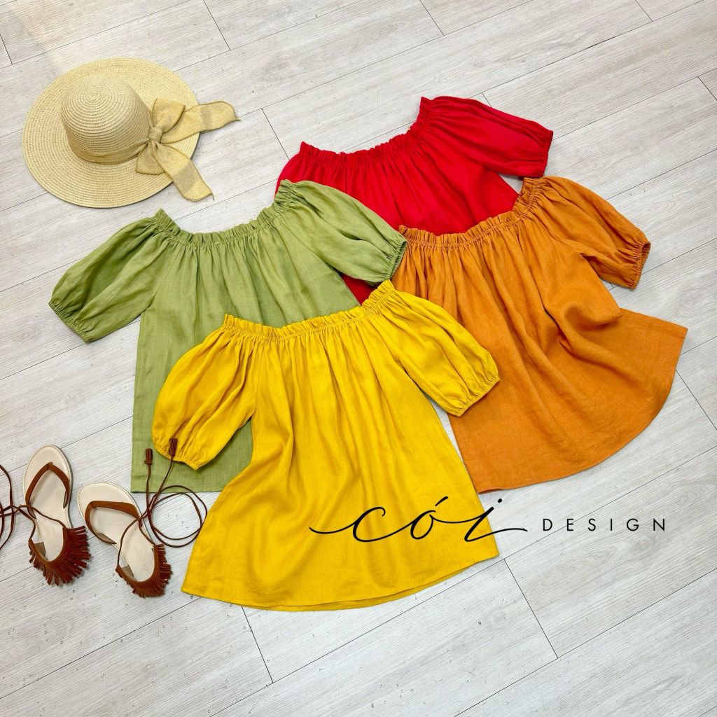 Áo xếp nhún bẹt vai Linen tưng premium Cói Design