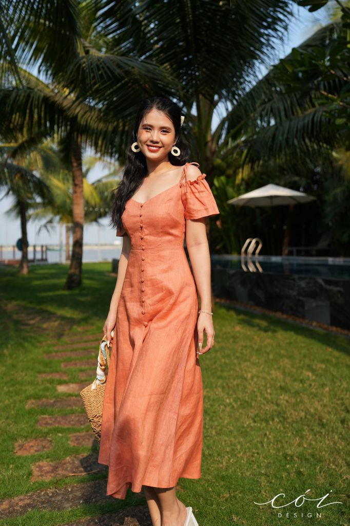 Đầm nút bọc bẹt vai Linen tưng premium Cói Design