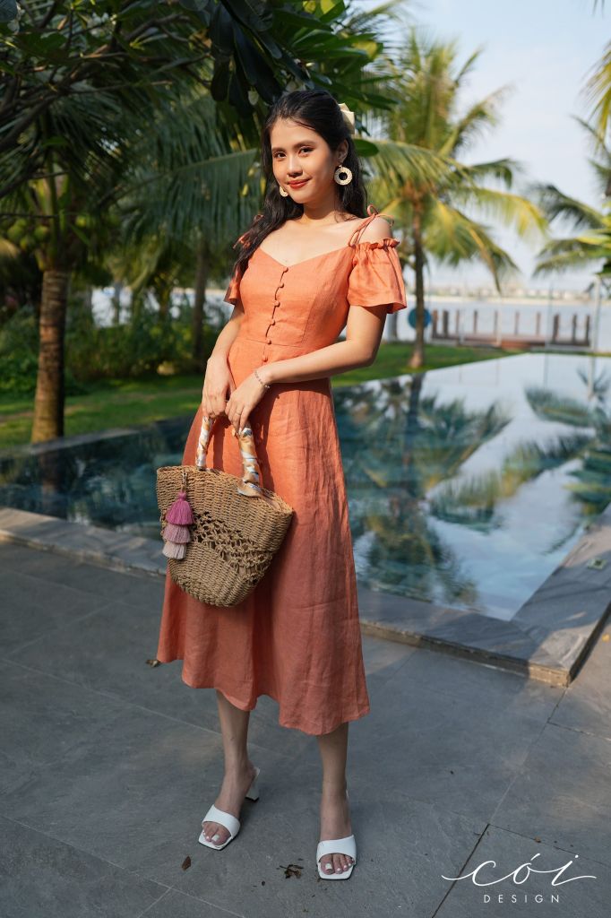 Đầm nút bọc bẹt vai Linen tưng premium Cói Design