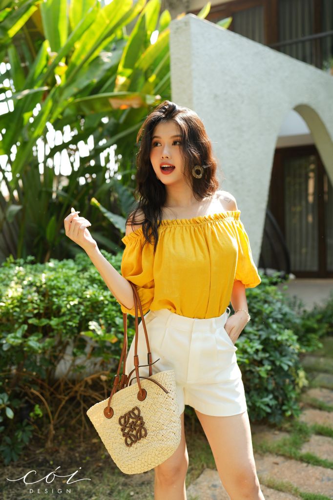 Áo xếp nhún bẹt vai Linen tưng premium Cói Design