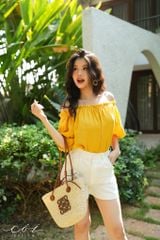 Áo xếp nhún bẹt vai Linen tưng premium Cói Design