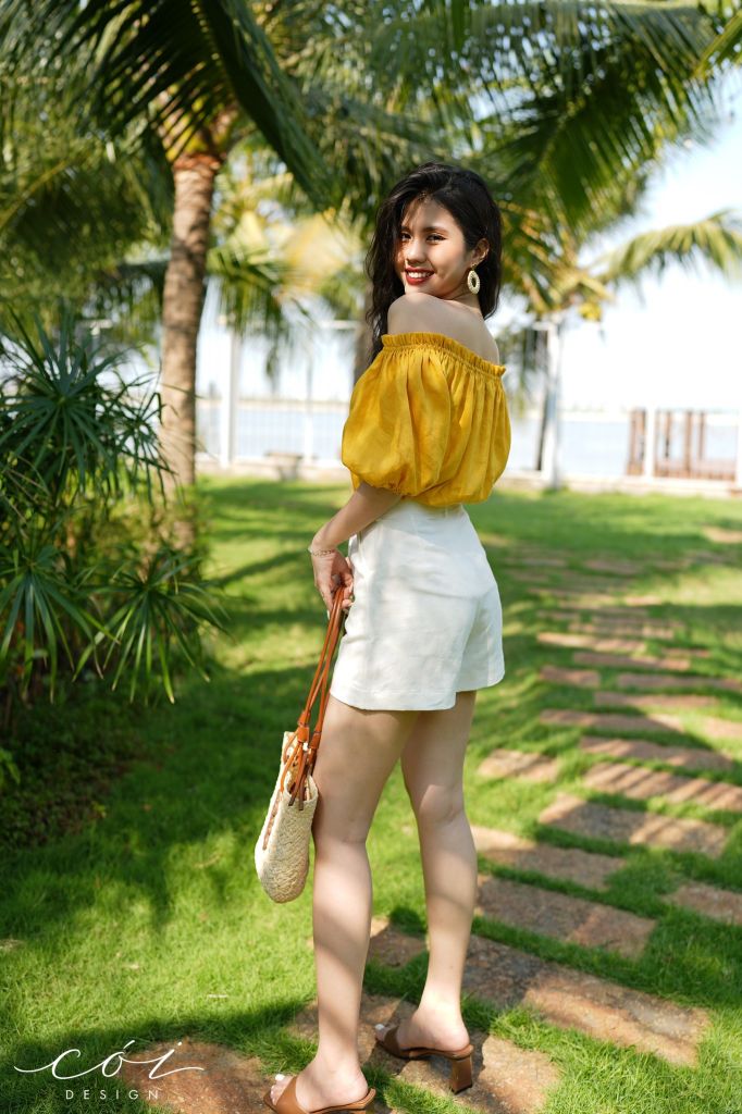 Áo xếp nhún bẹt vai linen Cói Design