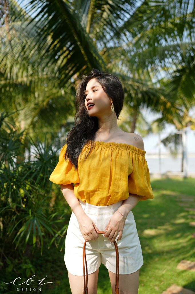 Áo xếp nhún bẹt vai Linen tưng premium Cói Design