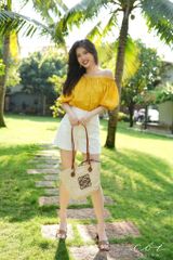Áo xếp nhún bẹt vai Linen tưng premium Cói Design