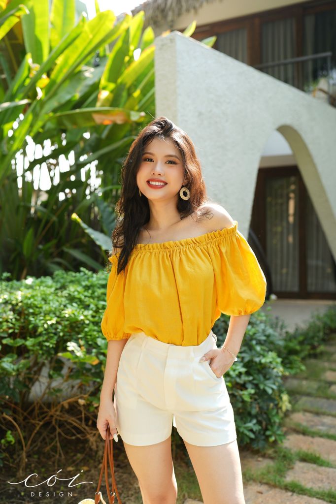 Áo xếp nhún bẹt vai Linen tưng premium Cói Design