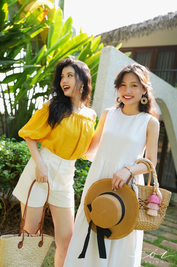 Áo xếp nhún bẹt vai Linen tưng premium Cói Design