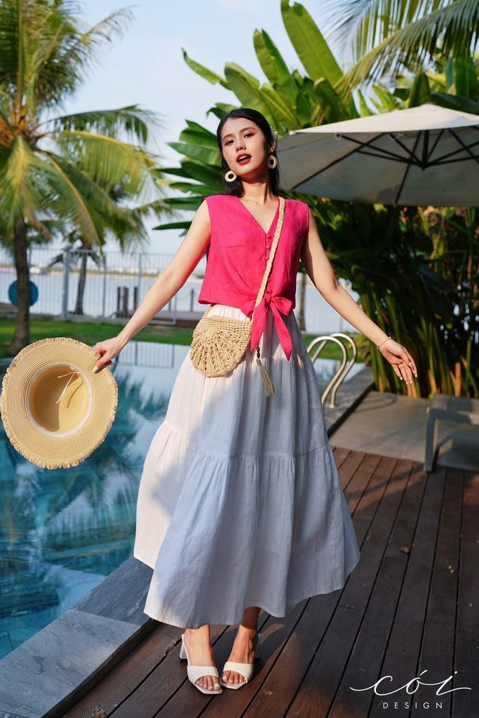 Áo sát nách nút bọc phối dây Linen tưng premium Cói Design