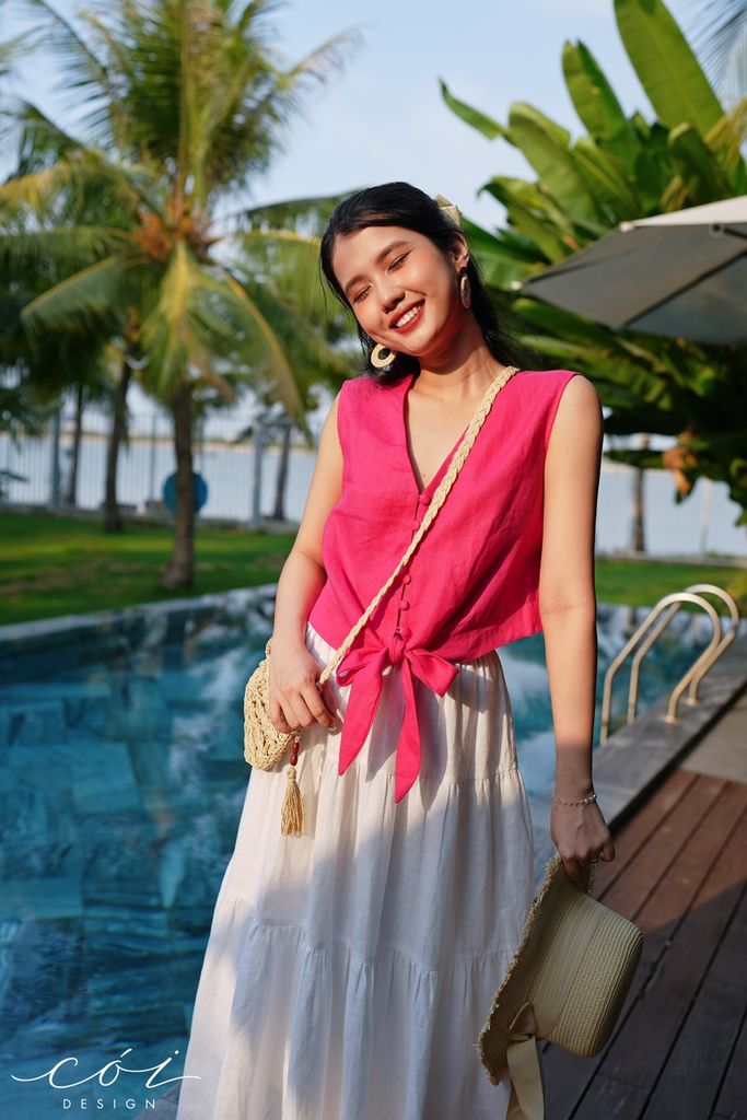 Áo sát nách nút bọc phối dây Linen tưng premium Cói Design