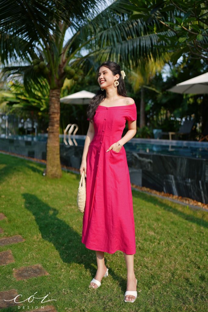 Đầm bẹt vai 2 túi nút bọc Linen tưng premium Cói design