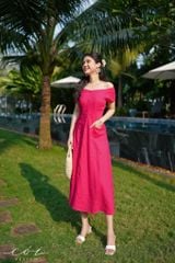 Đầm bẹt vai 2 túi nút bọc Linen tưng premium Cói design