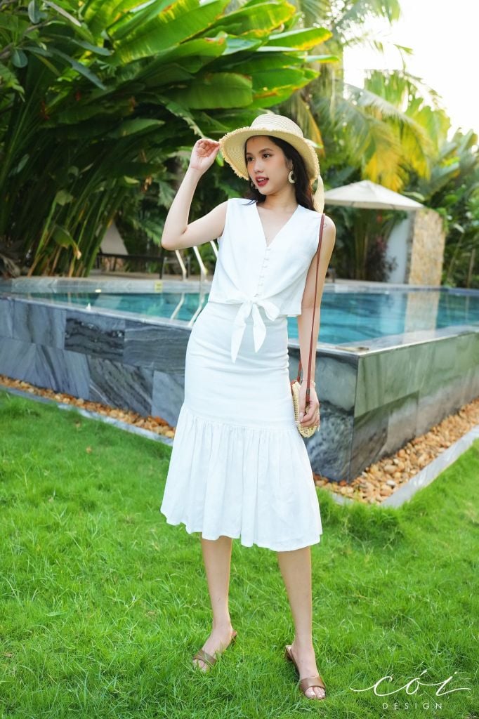 Áo sát nách nút bọc phối dây Linen tưng premium Cói Design