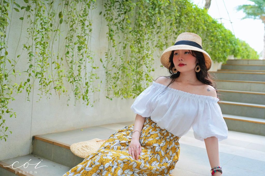 Áo xếp nhún bẹt vai Linen tưng premium Cói Design