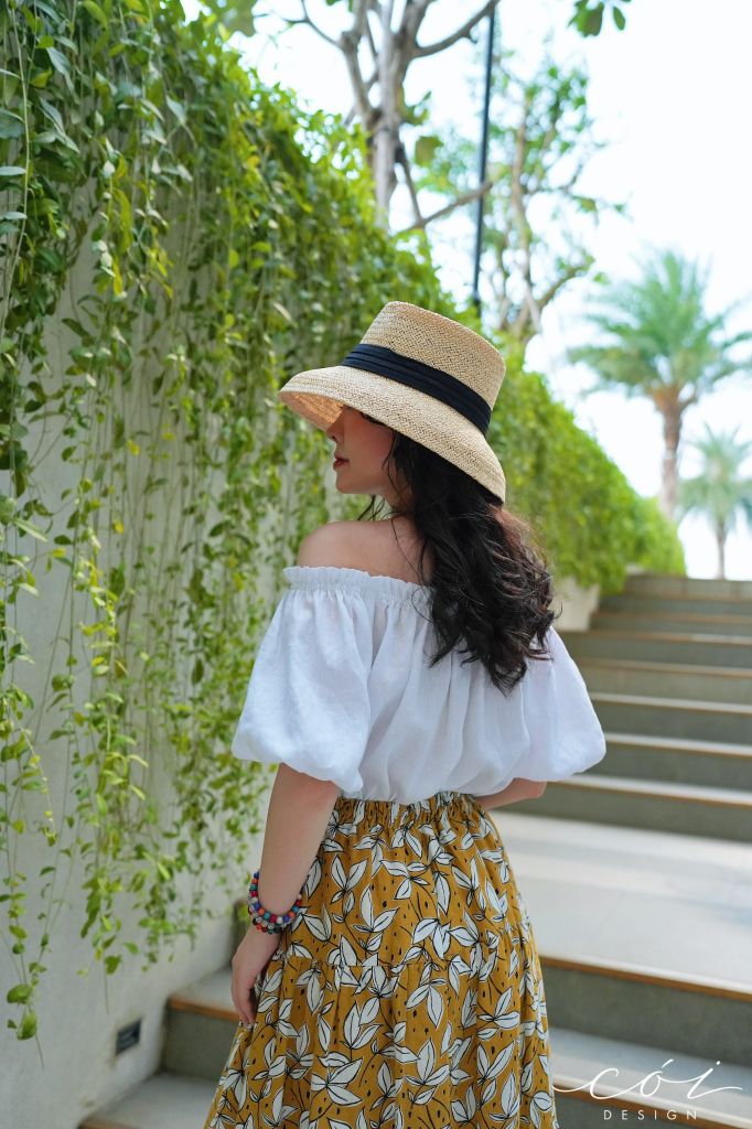 Áo xếp nhún bẹt vai Linen tưng premium Cói Design