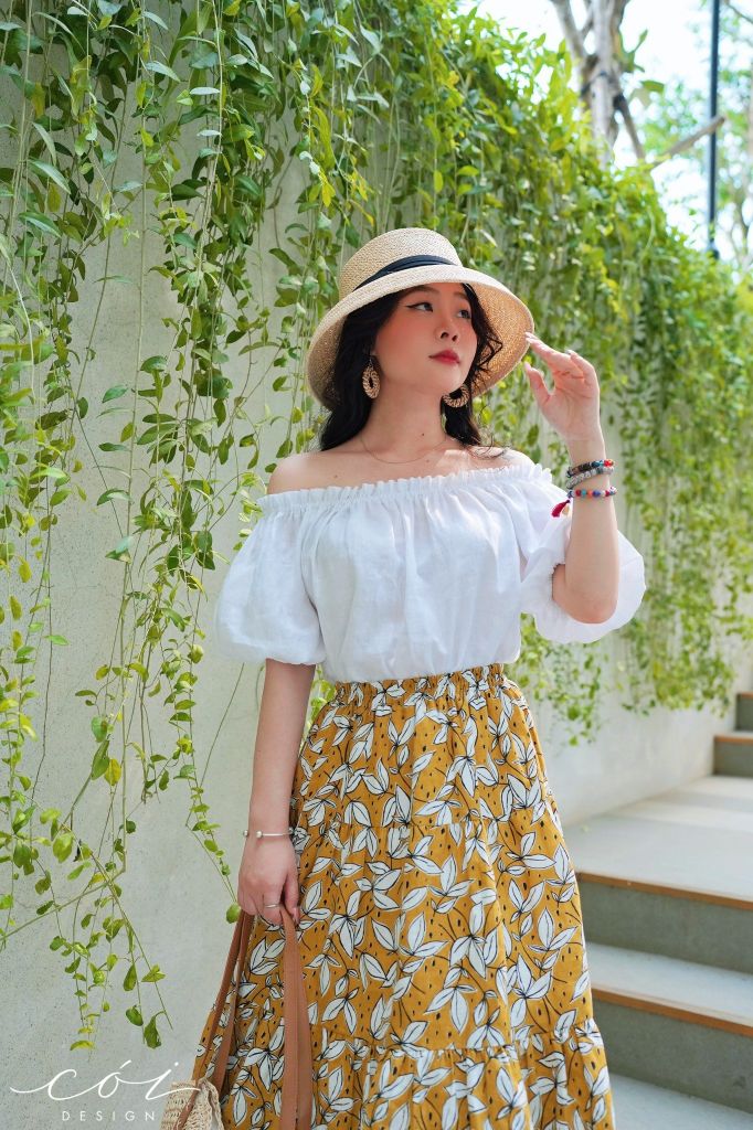 Áo xếp nhún bẹt vai Linen tưng premium Cói Design