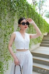 Áo cổ V nút bọc croptop Linen tưng premium Cói Design