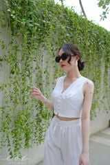 Áo cổ V nút bọc croptop Linen tưng premium Cói Design