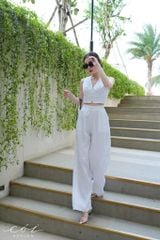 Áo cổ V nút bọc croptop Linen tưng premium Cói Design