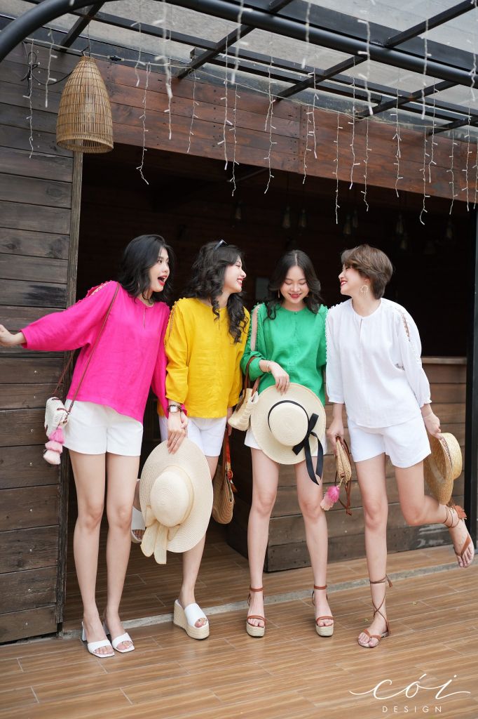 Áo nút bọc xẻ vai linen tưng premium Cói Design