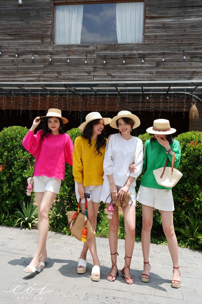 Áo nút bọc xẻ vai linen tưng premium Cói Design