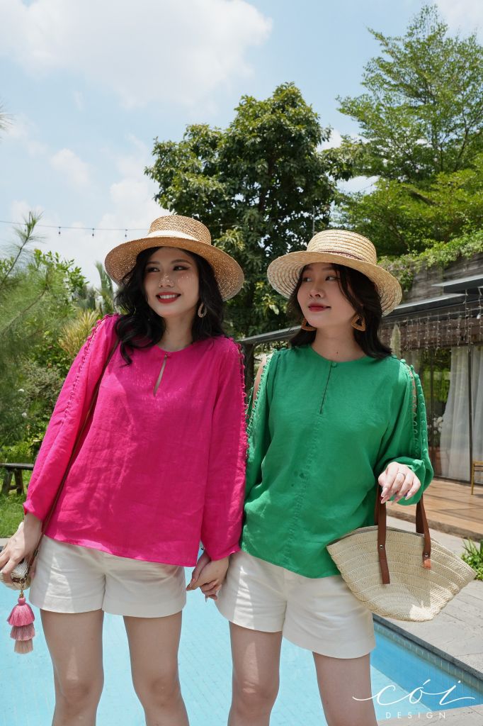 Áo nút bọc xẻ vai linen tưng premium Cói Design