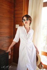 Đầm sơ mi xoắn eo linen Cói Design