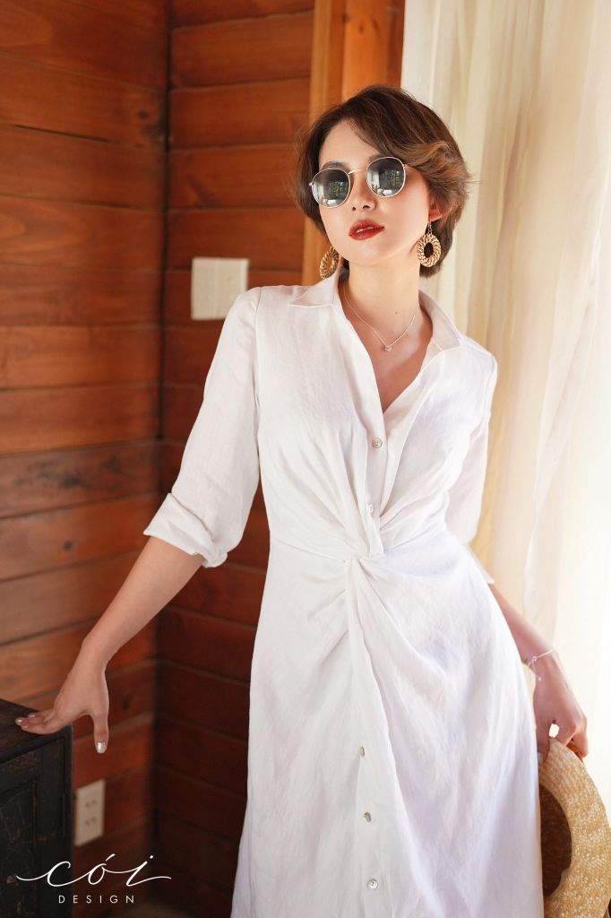 Đầm sơ mi xoắn eo linen Cói Design