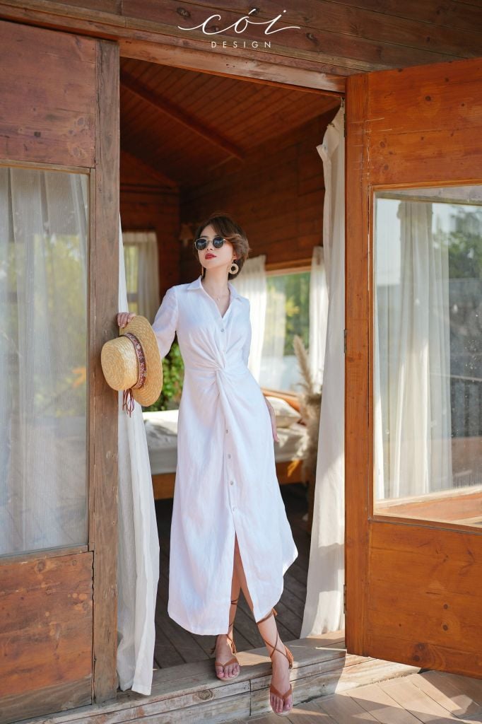 Đầm sơ mi xoắn eo linen Cói Design