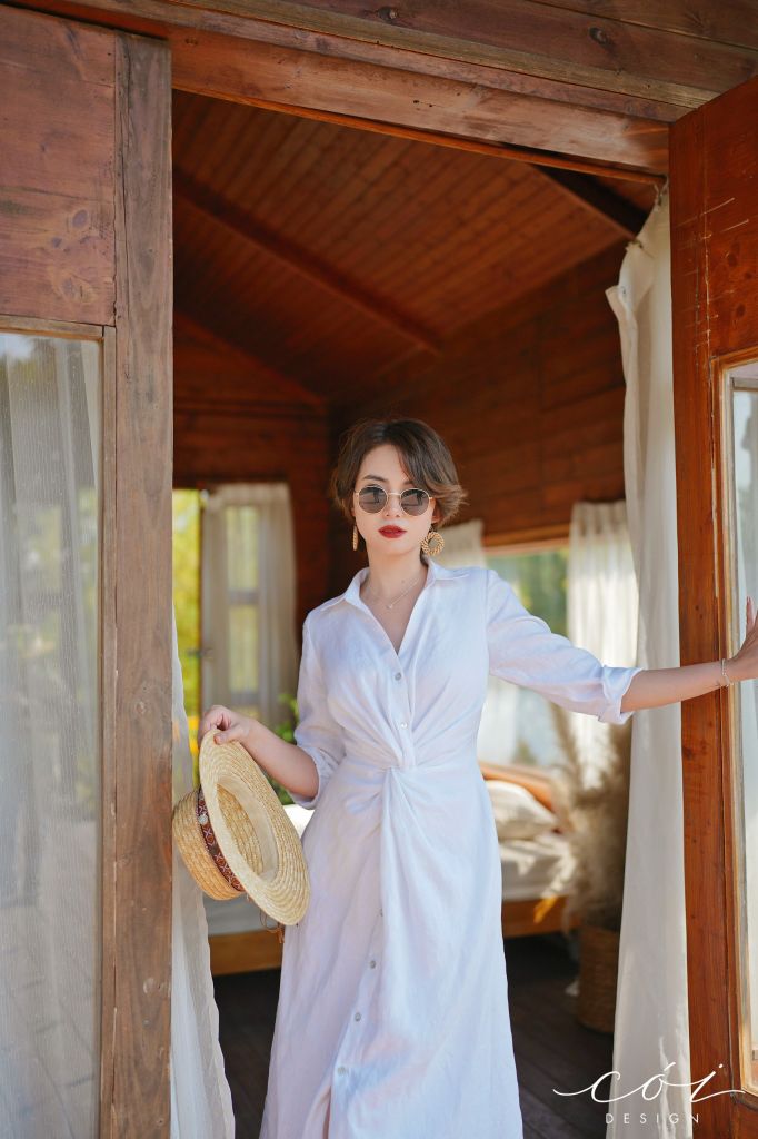 Đầm sơ mi xoắn eo linen Cói Design