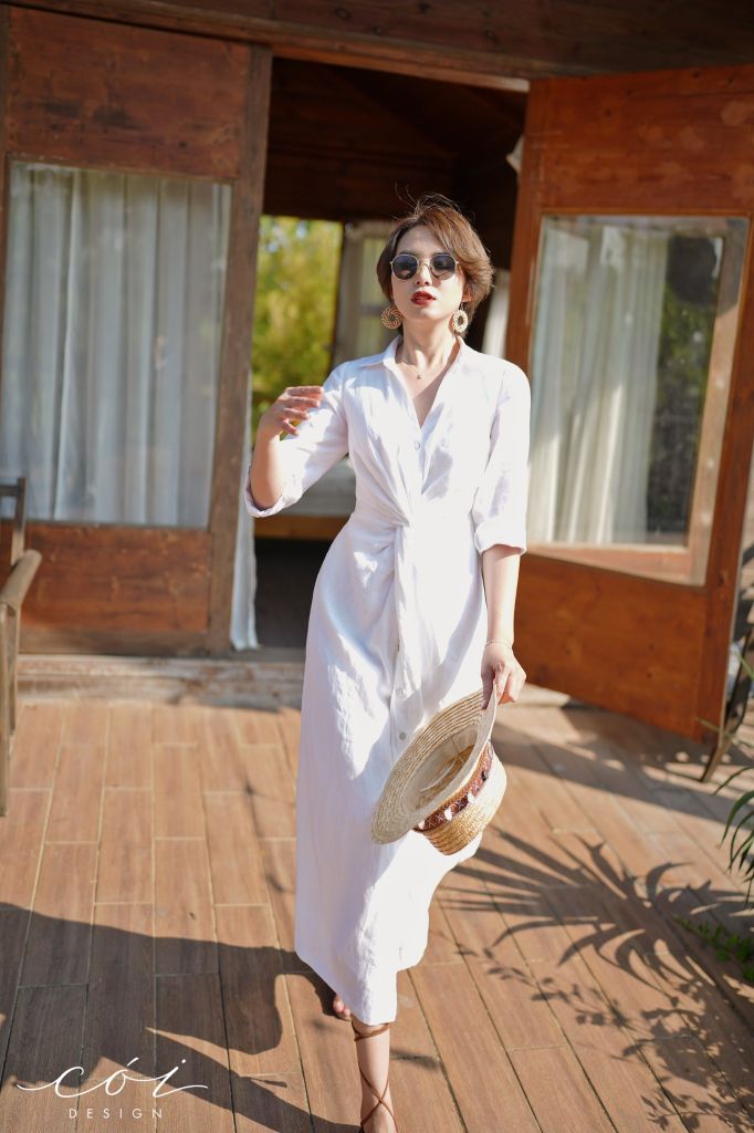 Đầm sơ mi xoắn eo linen Cói Design