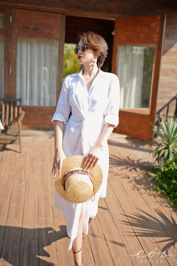 Đầm sơ mi xoắn eo linen Cói Design