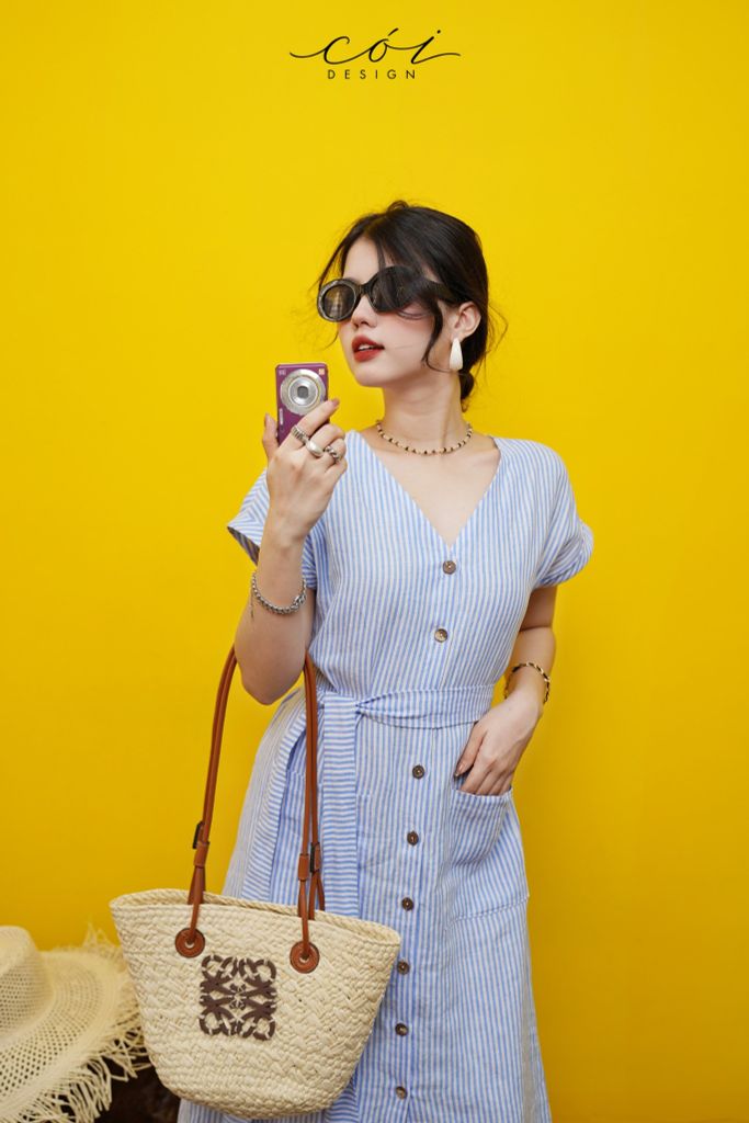 Đầm suông sọc kèm belt linen tưng Cói Design