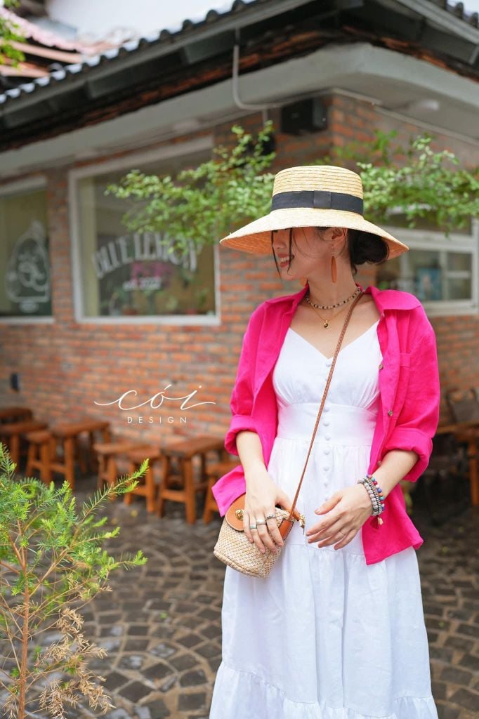 Đầm 2 dây cổ tim nút bọc Linen tưng premium Cói Design