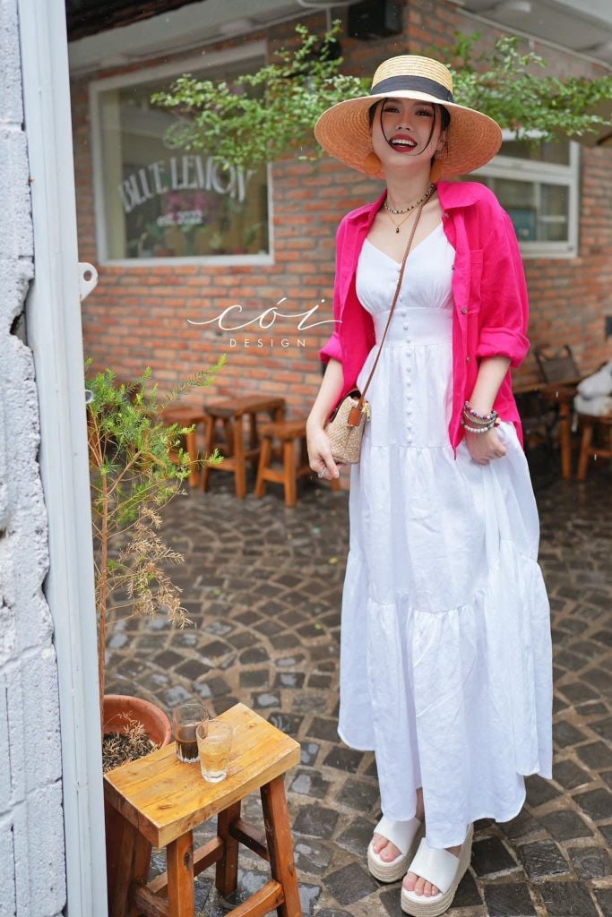 Đầm 2 dây cổ tim nút bọc Linen tưng premium Cói Design