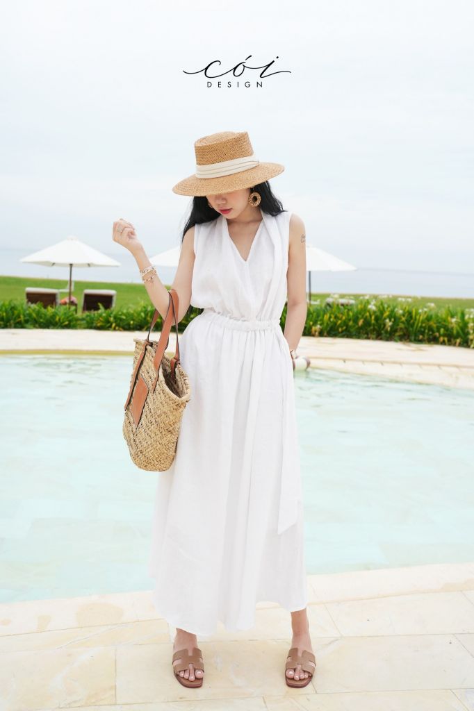 Đầm sát nách xếp nhún Linen tưng premium Cói Design