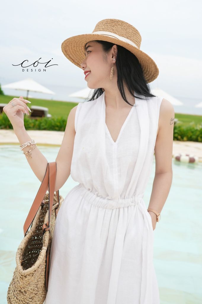 Đầm sát nách xếp nhún Linen tưng premium Cói Design