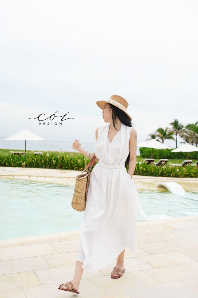 Đầm sát nách xếp nhún Linen tưng premium Cói Design