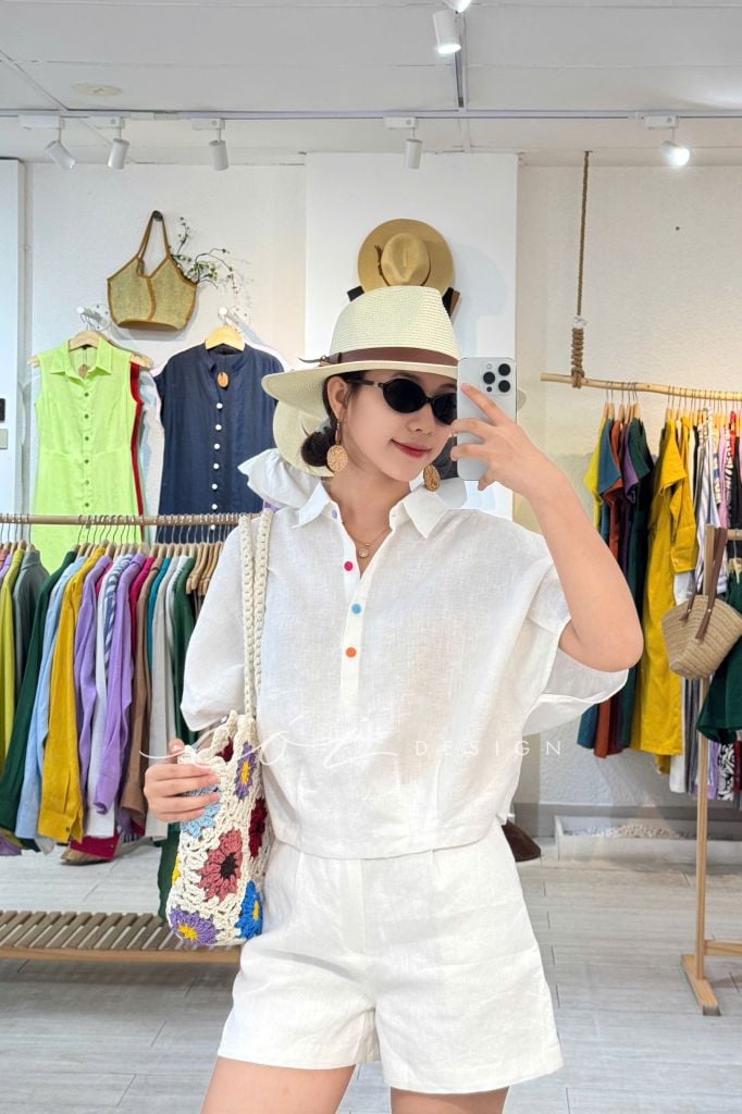 Áo sơ mi nút bọc tay liền Linen tưng premium Cói Design