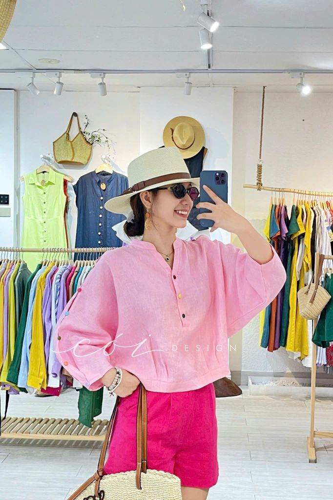 Áo cổ trụ 19 nút bọc màu Linen tưng premium Cói Design
