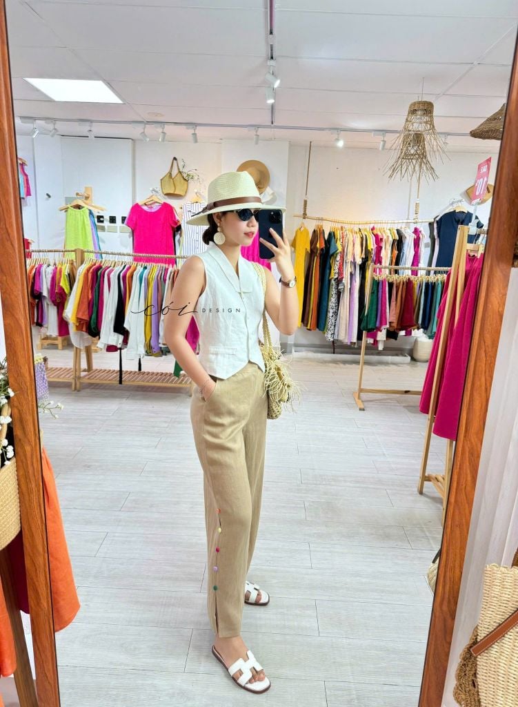 Quần suông nút bọc màu Linen tưng premium Cói Design