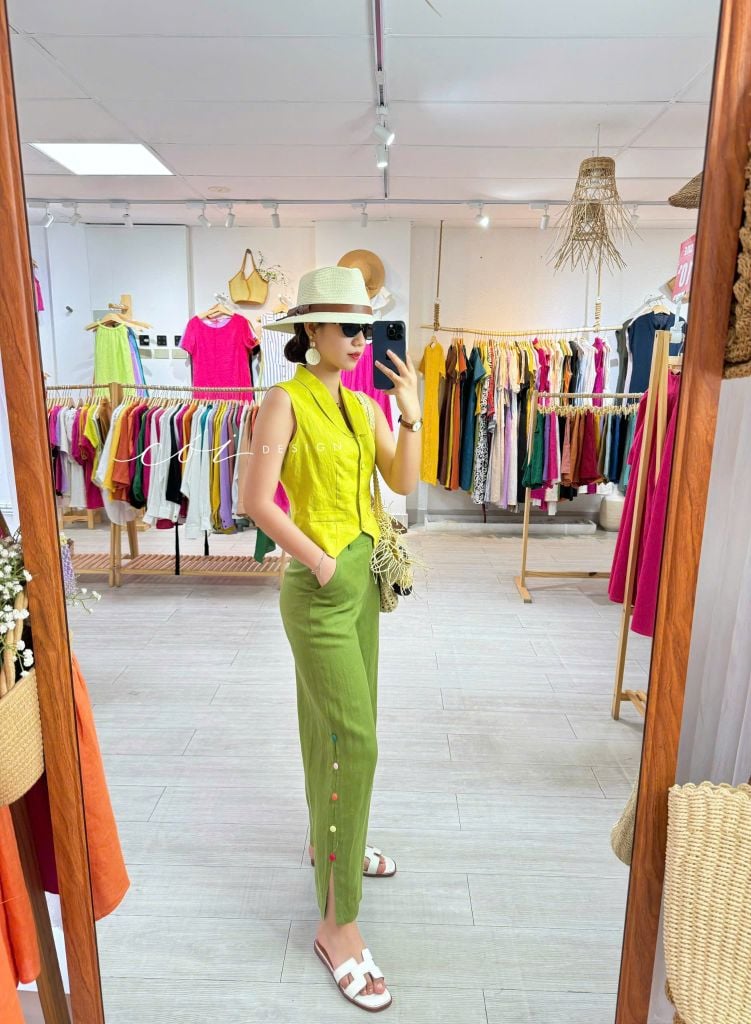 Quần suông nút bọc màu Linen tưng premium Cói Design