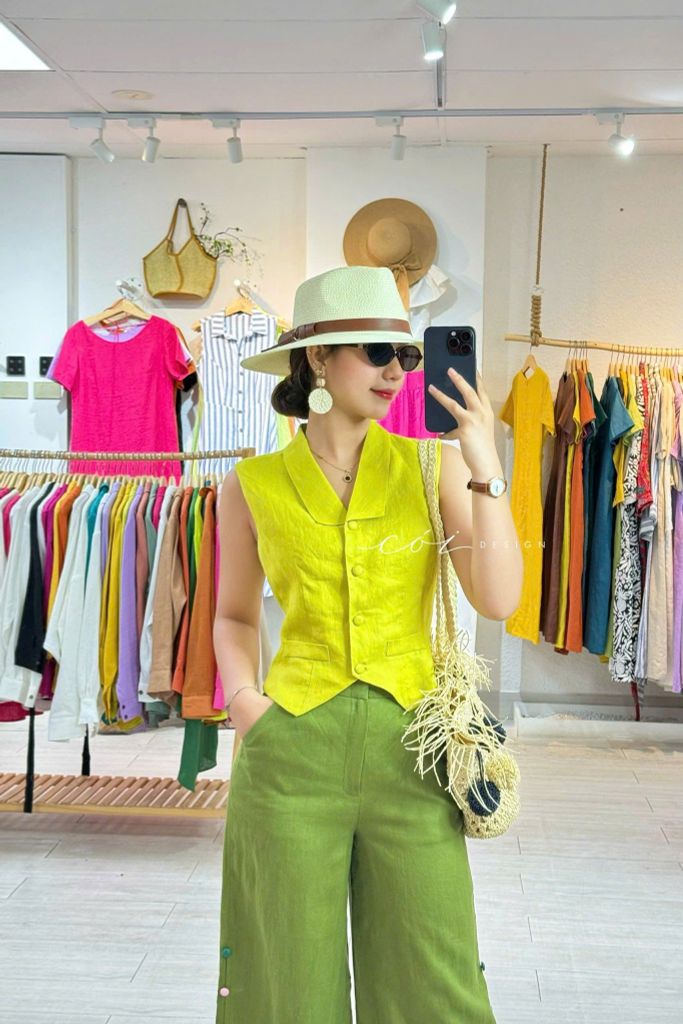 Quần suông nút bọc màu Linen tưng premium Cói Design