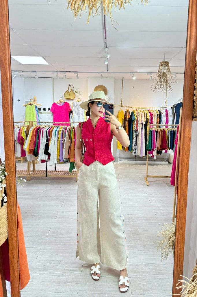 Quần suông nút bọc màu Linen tưng premium Cói Design