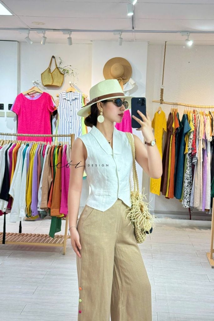 Quần suông nút bọc màu Linen tưng premium Cói Design