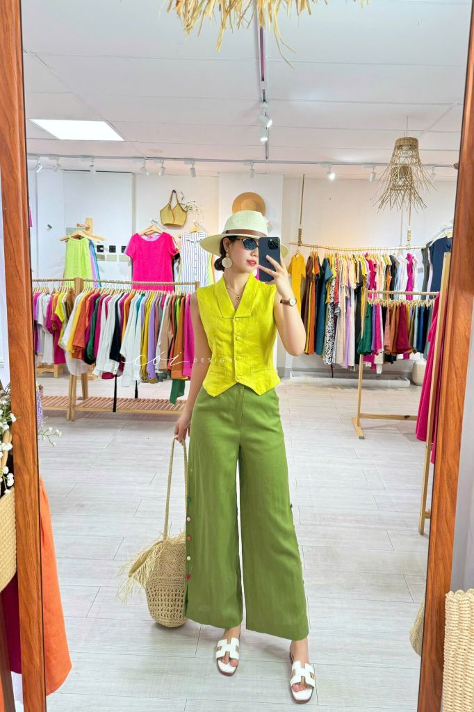 Quần suông nút bọc màu Linen tưng premium Cói Design