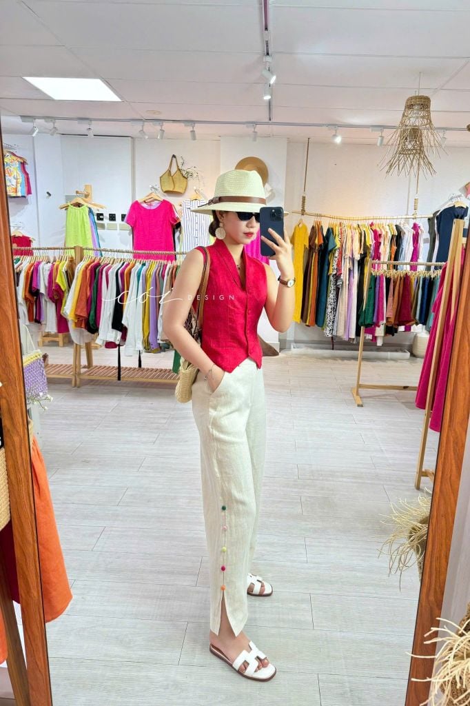 Quần suông nút bọc màu Linen tưng premium Cói Design