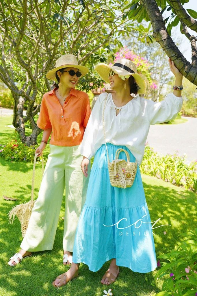 Áo cổ tim xếp nhún tay phồng Linen tưng premium Cói Design